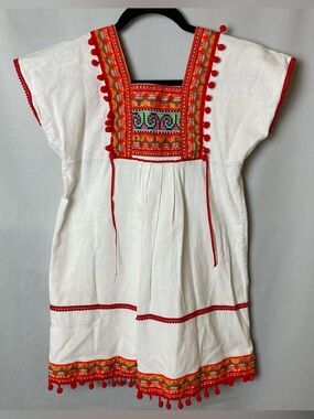 Thai Embroidered Dress Girls 6 White Orange Rayon Artisan Resort